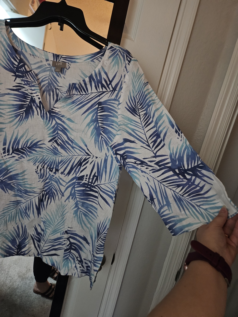 J. Jill 100% Linen Palm Leaf Tropical Tunic Top Blue White Large - Picture 4 of 6